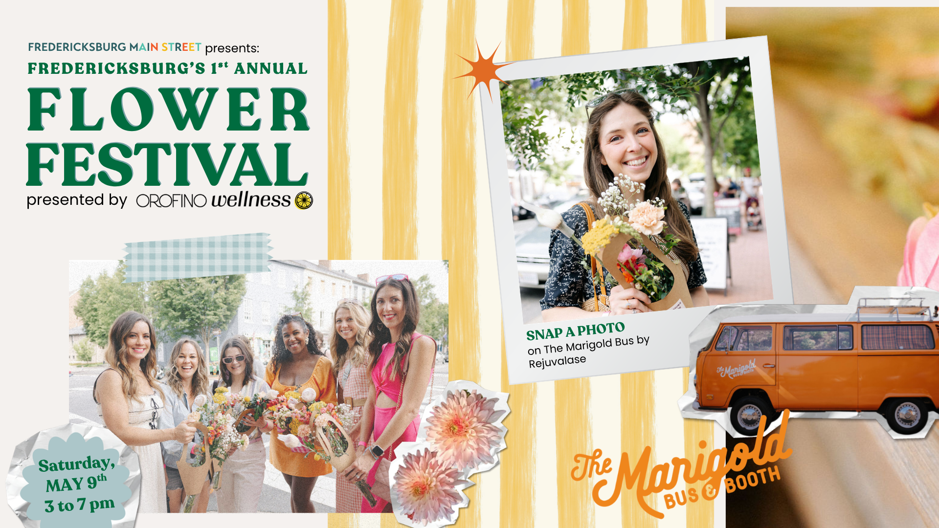 Image of women holding flowers with the text First Annual Downtown Flower Festival presented by Orofino Wellness.