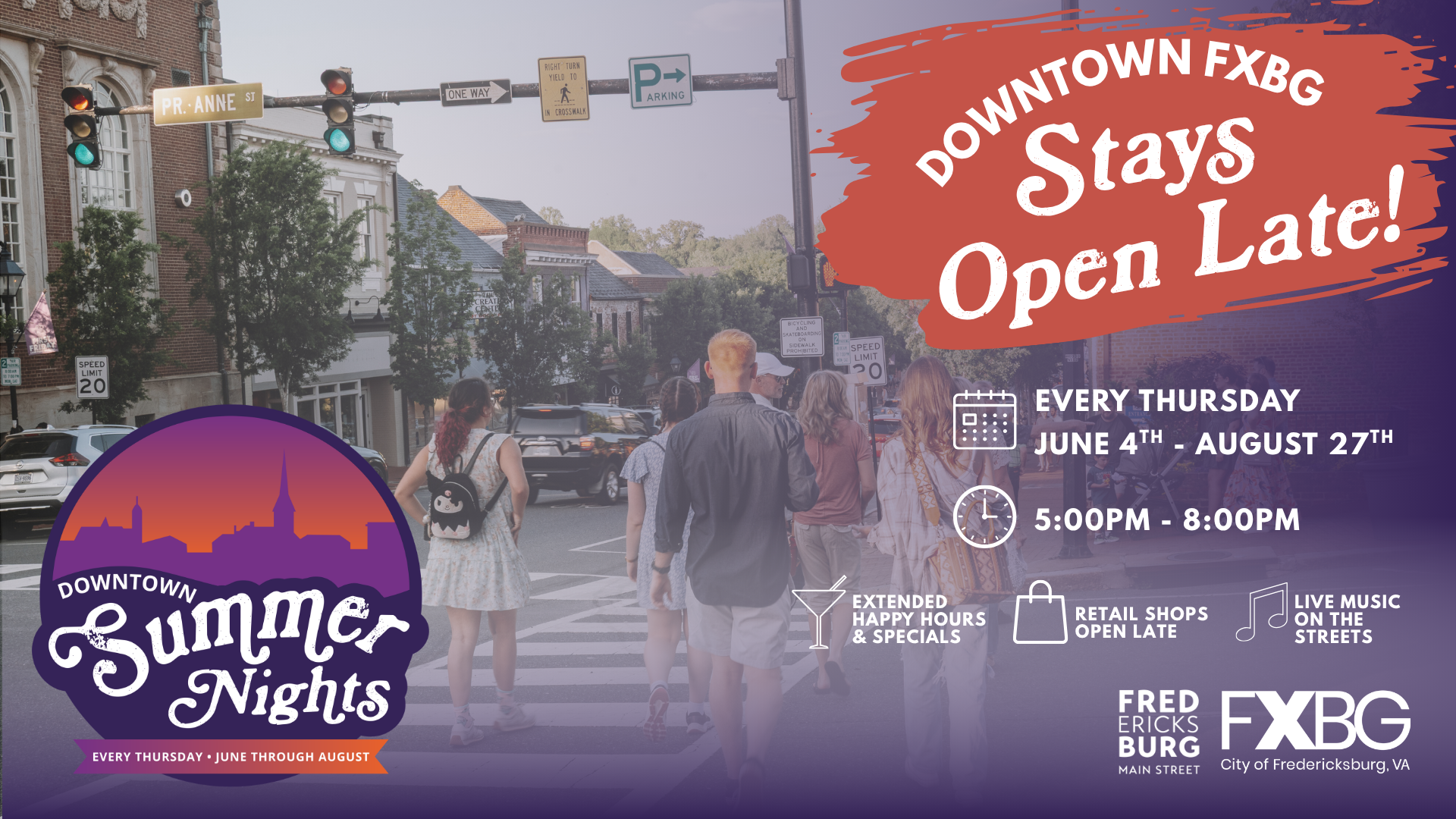 Downtown Summer Nights Hero Image with the event logo and text that says Downtown Stays Open Late! </p>
<p>Join us every Thursday starting June 4th through August 27th for late night shopping, extended happy hours and live music on streets. 